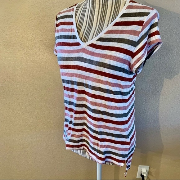 Linen Tee Medium White V-Neck Striped Olive Salmon Rust Short Sleeve 100% Linen - Picture 6 of 13